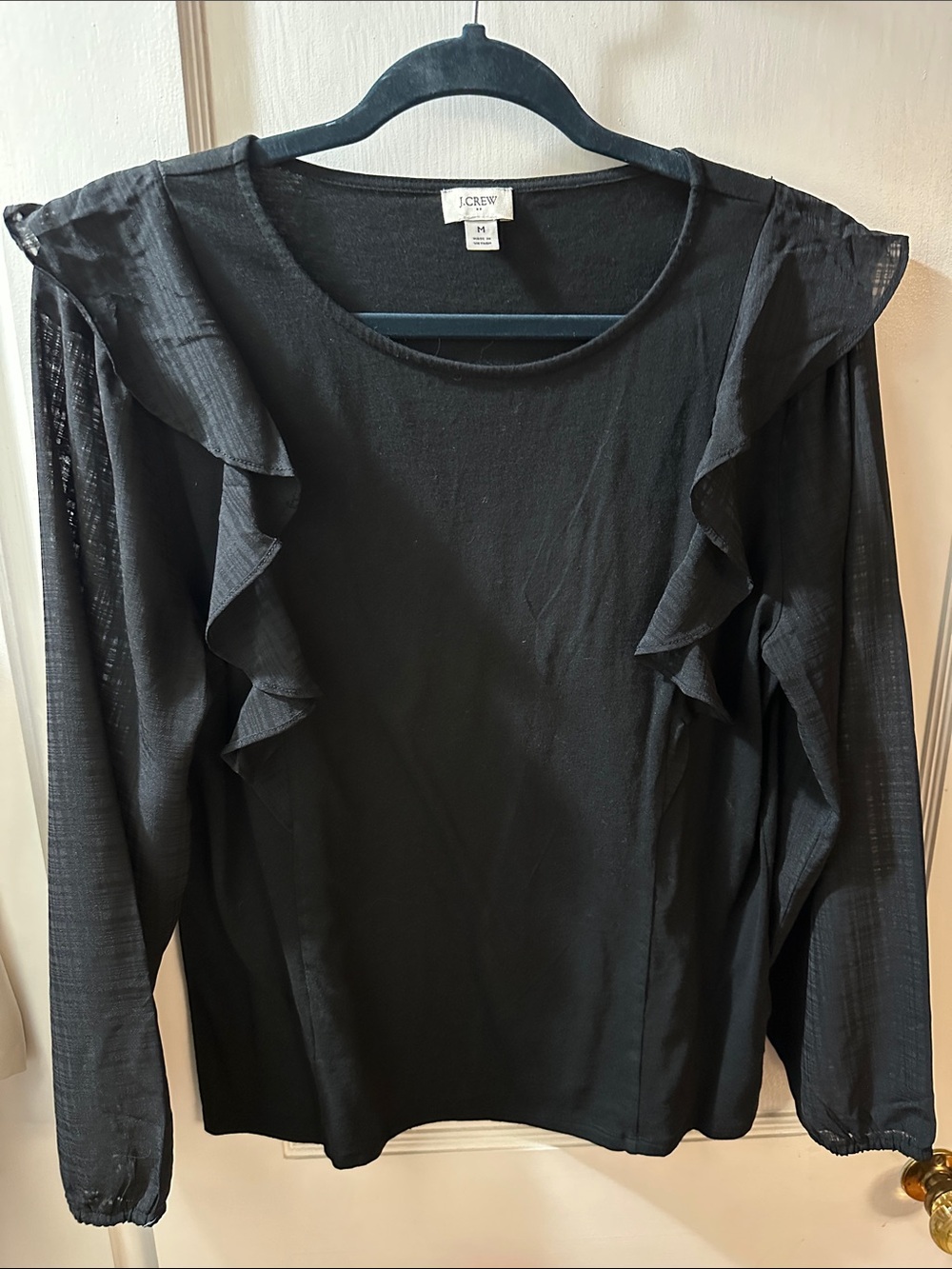 J. Crew Factory Black Ruffle-Accent Long Sleeve Top